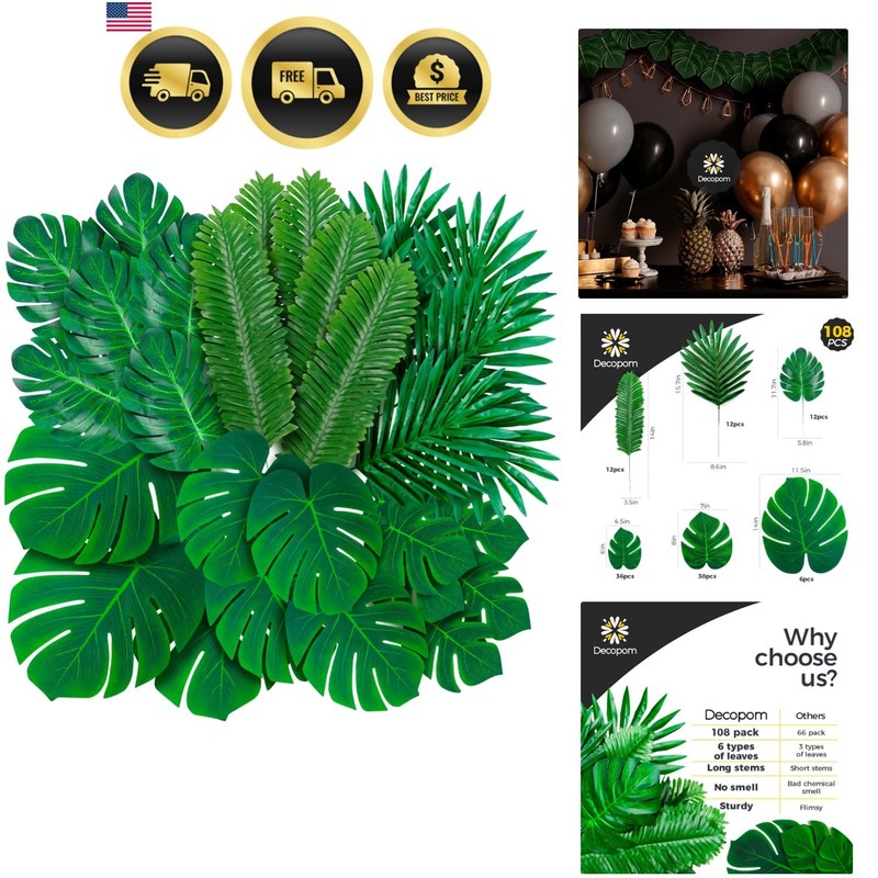 108 Pack Palm Leaves Artificial Tropical Monstera – 6 Kinds Large Small Green…