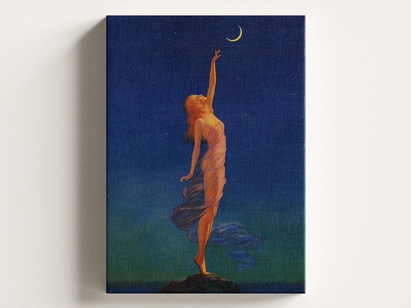 Reaching for the Moon Canvas Print, Vintage Whimsical Art Wall Decor