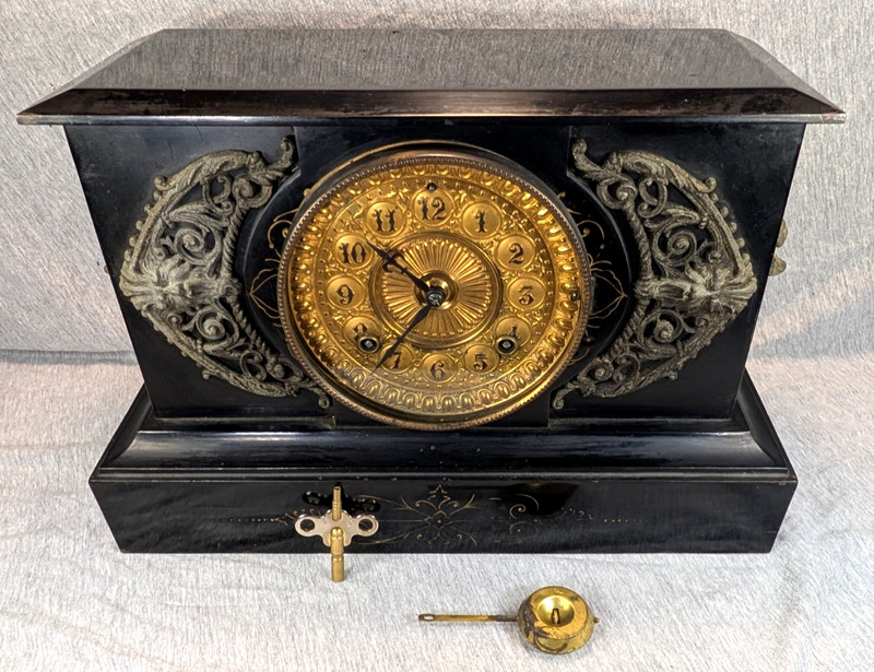Antique Ansonia Iron Case Mantel Clock Gargoyle Face w/ Key & Pendulum P/R