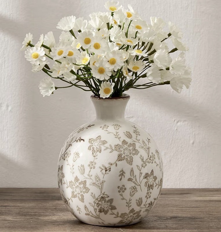 Vintage Ceramic Chinoiserie Flower Vase Hand-Painted Floral Crackle Glaze 5.98″