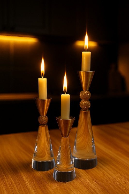 Set of 3 Gold & Crystal Accent Candle Holders – Modern Glam Decor