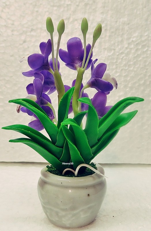 US Stock 4"H Handmade Air-Dry-Clay-Crafted Cymbidium Orchid Arranged in Pot gallery