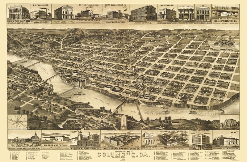 Historic Panoramic View – Columbus Georgia – Wellge 1886 – Vintage Wall Art