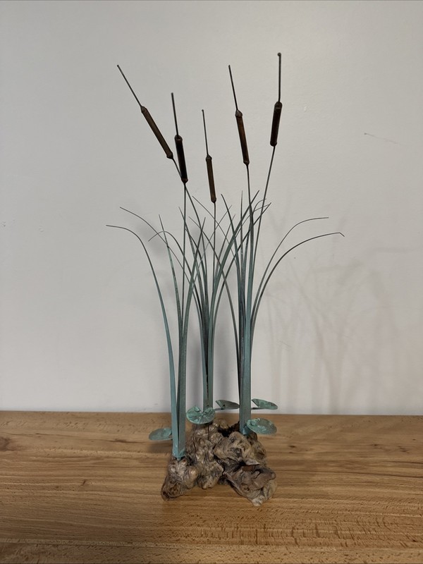 Max Howard Brutalist Brass Copper Sculpture Cattails Lily Pads Driftwood 18″