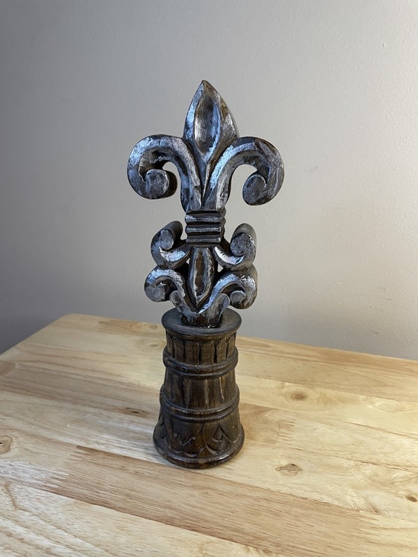 Vintage Fleur De Lis Finial Statue Distressed Metallic Finish French Country