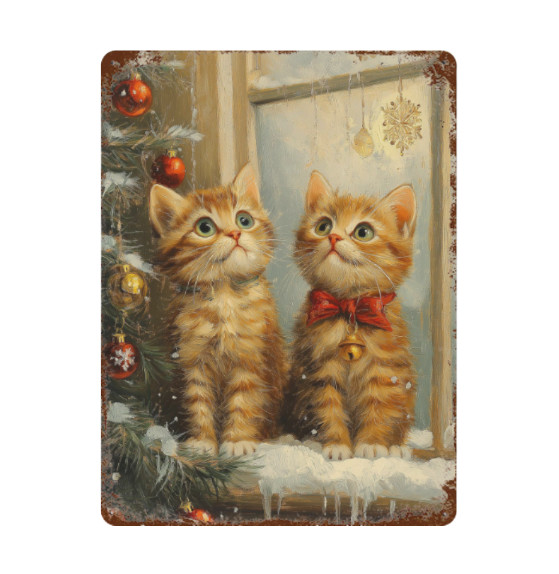 Vintage Sweet 2 Chrismas Kittens Snow Metal Wall Art Sign Home Decor 8x12 Cats gallery