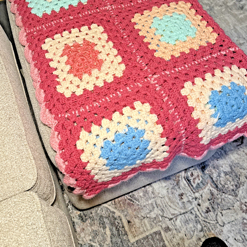 Granny Square Afghan Blanket Pink, Yellow, Green Blue Spring colors 44" x 46" gallery
