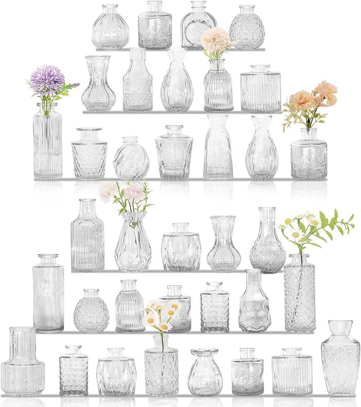 Glass Bud Vases Set Small Vintage Clear Bulk Multiple Shapes for Wedding Table
