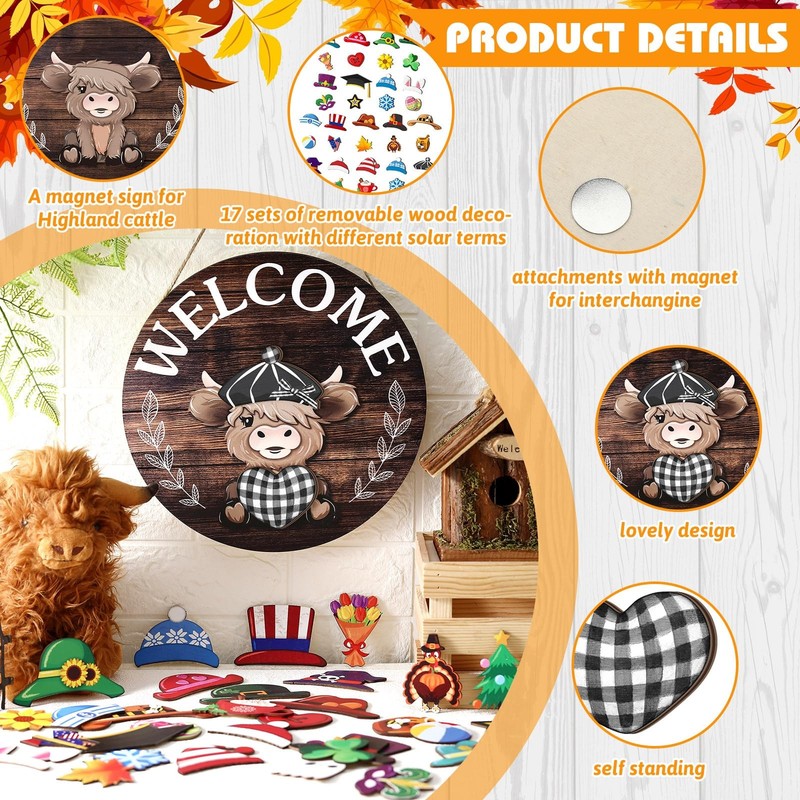 35 Pcs Holiday Interchangeable Highland Cow Welcome Sign Highland Cow Seasona... gallery