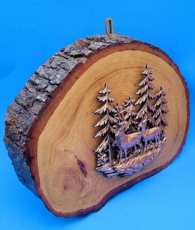 VTG 1960s Wood Slice Bark Rim Copper Tone 3D Deer Scene Niagara Falls-Canada gallery