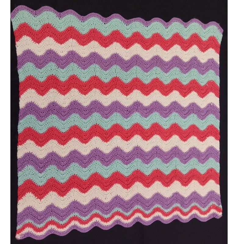 Handmade Crochet Chevron Baby Blanket Purple Teal Pink White Ripple Afghan 35×36