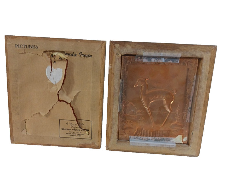 Copper tooled Southwestern Desert scene Deer Gazelle Art Phillip Irwin Lot of 2 gallery