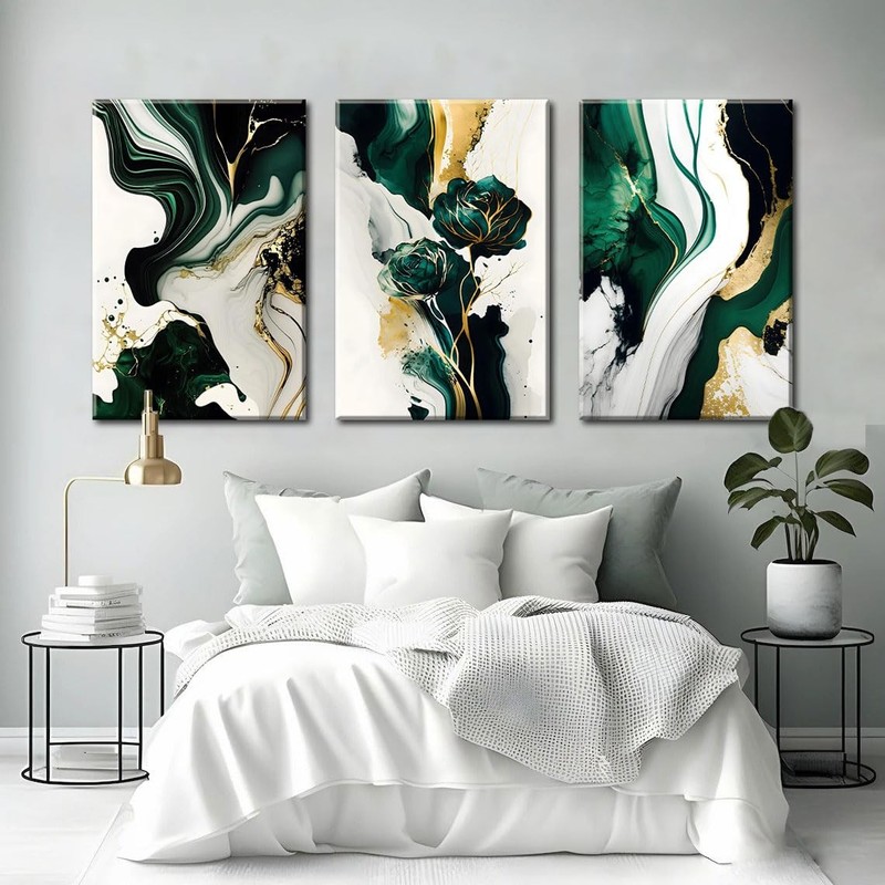 3Pcs Framed Emerald Green Wall Art, Modern Green and Gold Abstract Marble Can... gallery
