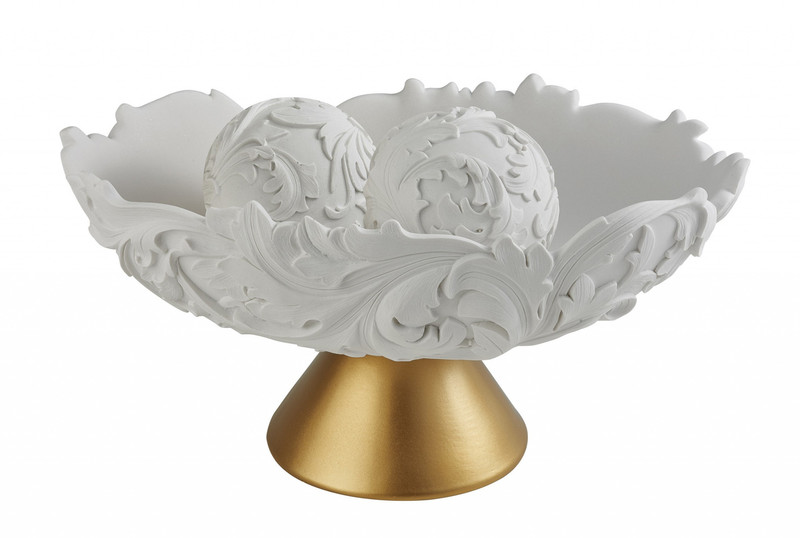 9″ Matte Gold And White Polyresin Decorative Bowl With Orbs