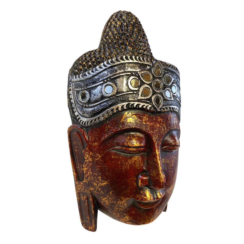 Sublime Buddha Mask Wall sculpture Hand Carved Wood Balinese art Handmade Red gallery
