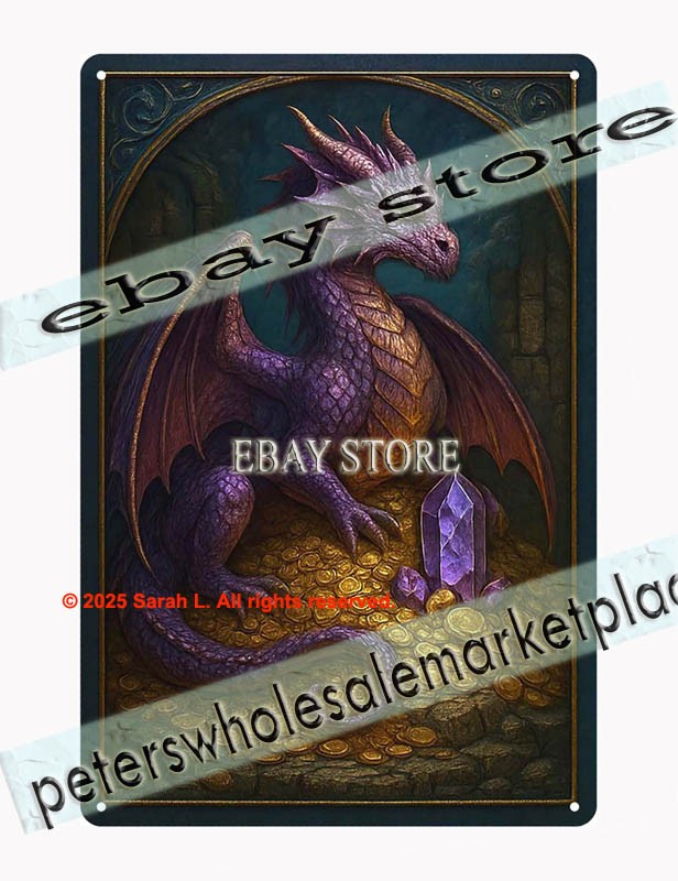 Purple Dragon Crystal Tin Sign 3D Look Fantasy Art