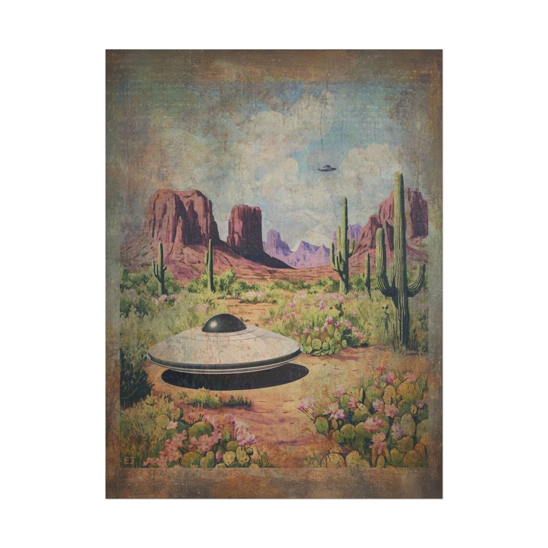 UFO Cactus Flower Wall Art, Alien Western Botanical Poster, Cryptid Floral Decor