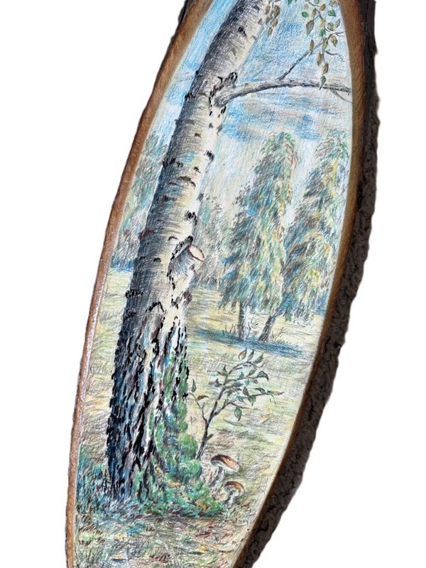 Birch Tree Art on Natural Wood Slice Round MCM gallery