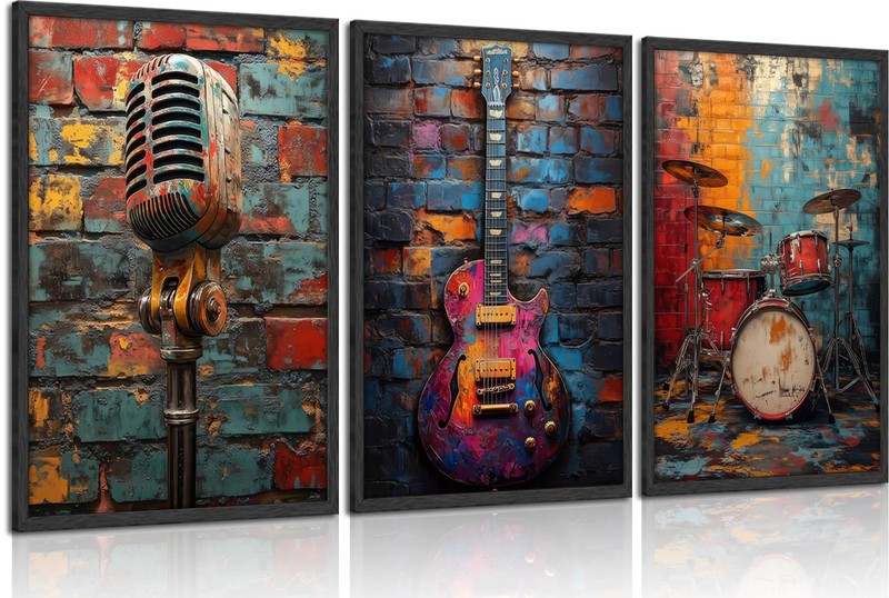 3Pcs Graffiti Musical Instruments Canvas Wall Art Cool Music Theme Posters Pr...