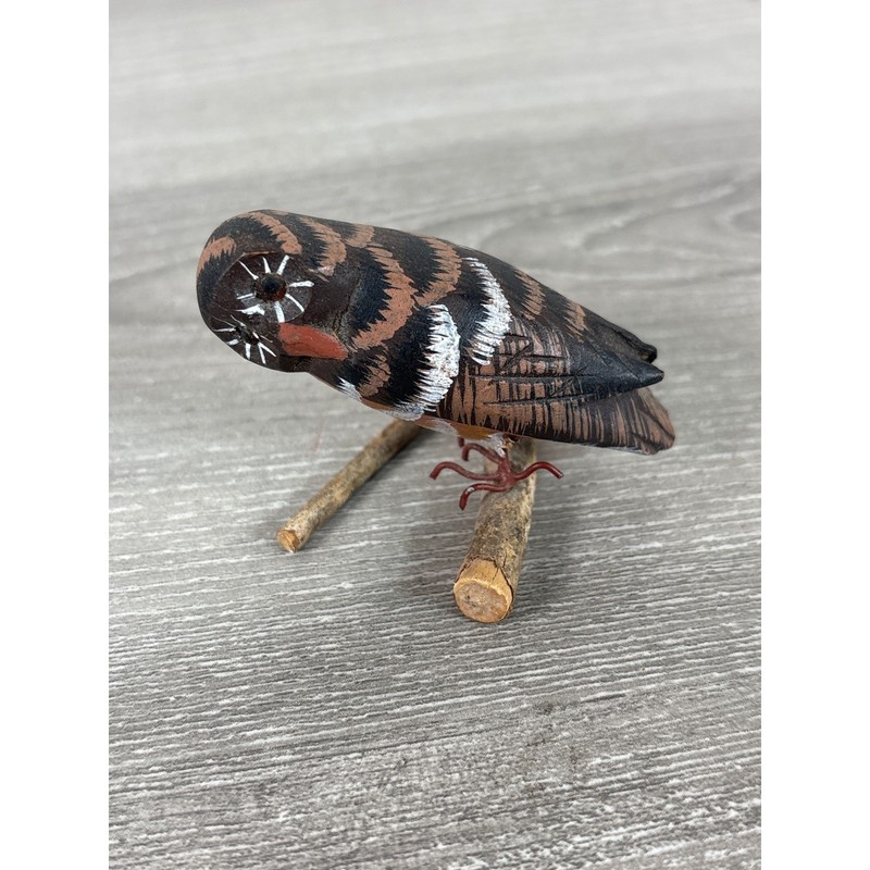Vintage Hand Carved Wooden Owl Figurine Miniature Folk Art Bird on Twig Perch