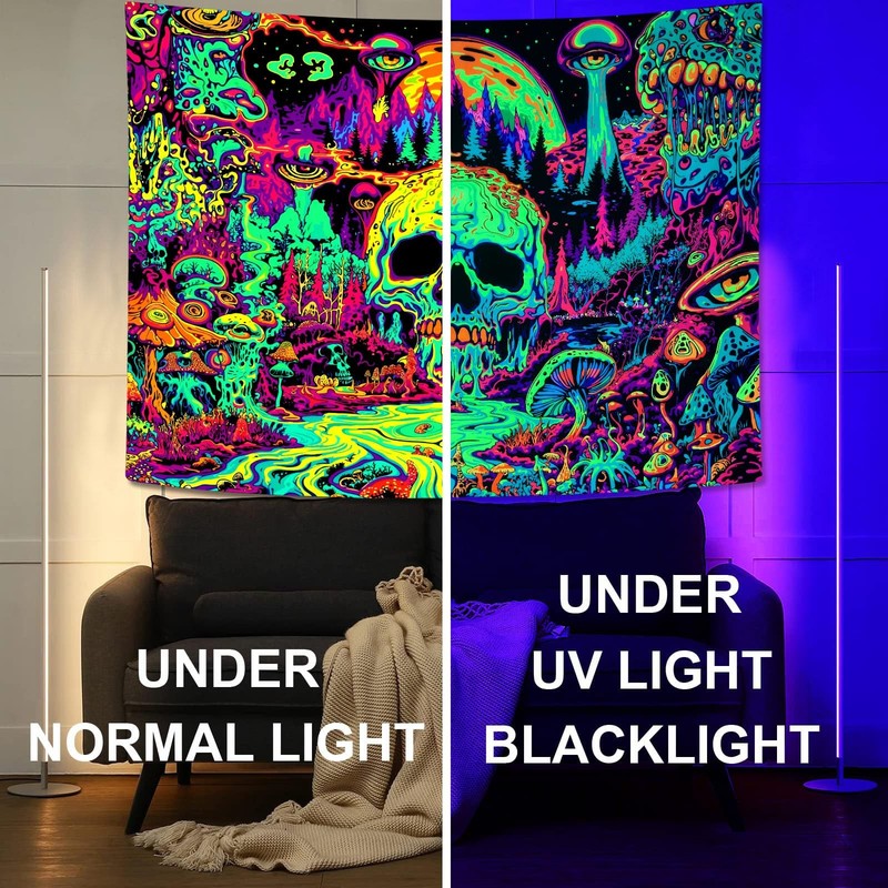 UV Reactive Blacklight Tapestry Hippie Skull Mushroom Trippy Neon Art 48x36 gallery