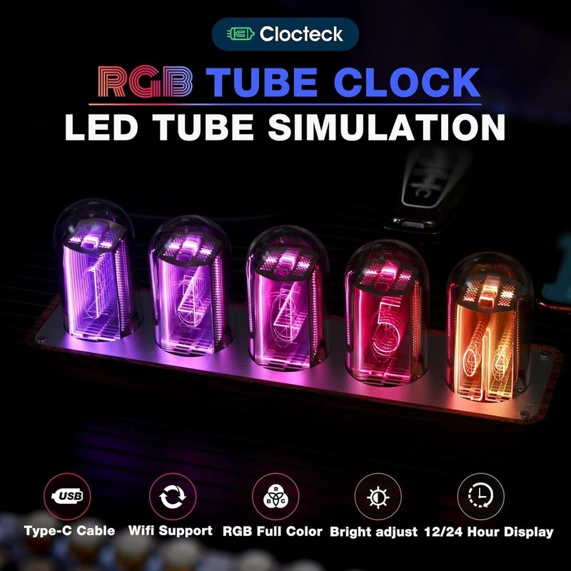 Retro Nixie Tube Clock with Wi-Fi Sync, Alarm & Timer - Wood Grain Design gallery