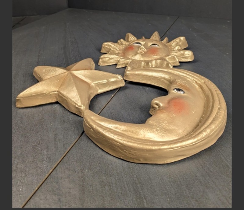 Sun Moon Star Wall Decor Small Hand Made Gold Plaster Celestial Boho 3pc Set gallery