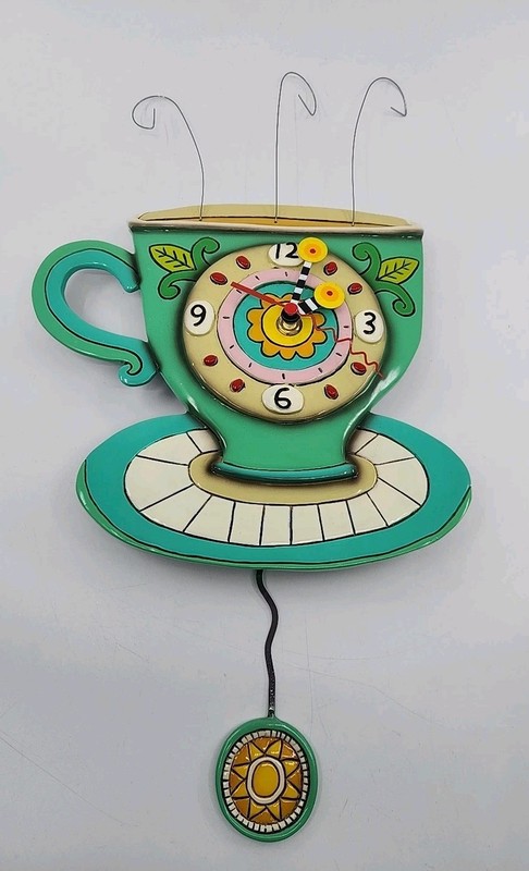 Allen Designs Whimsical Teacup Pendulum Wall Clock Kitchen Coffee Decor. Read