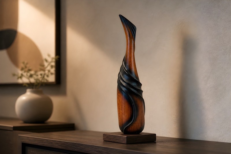 Contemporary swirling art ceramic vase with reddish-brown and black finish 20”