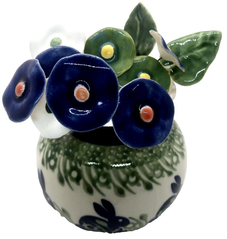 Polish Pottery Round Vase Bunny Rabbit 11 Polish Ceramic Flowers 2 Leaves