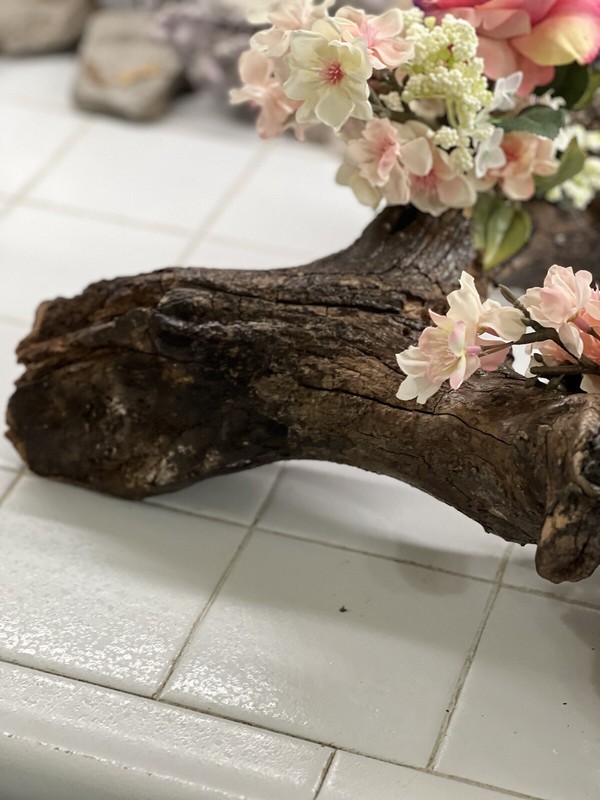 ORIGINAL FLORAL DESIGN WOOD BASE, ROSES, PEACH BLOSSOMS MOSSES BABY BREATH gallery