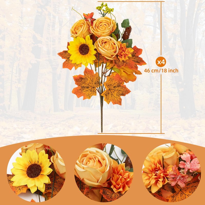 4 PCS Fall Golden Artificial Faux Silk Rose Sunflower Bouquet Centerpieces gallery