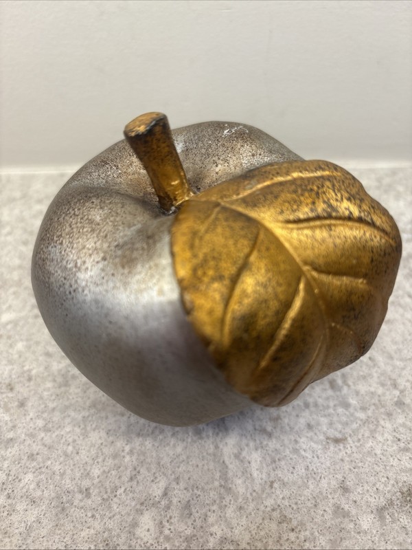 Decorative Silver Apple with Stem & Gold Textured Leaf  4" Tall