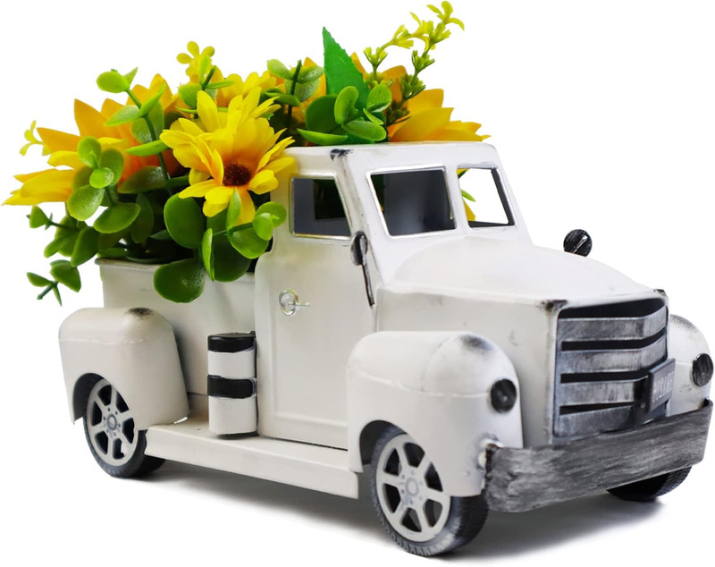 Sunflower Metal Truck with Artificial Flower Vintage Farm Pickup Farmhouse Table