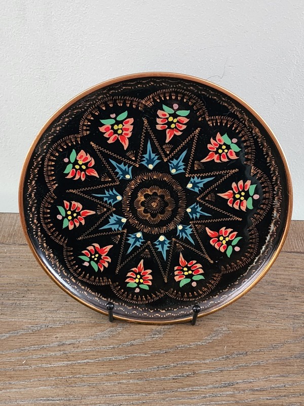 Vintage Turkish Copper Wall Plate Hand Painted Floral Black Enamel 8.5" gallery