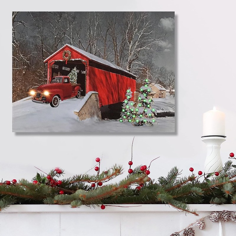 Light-Up Christmas Canvas with Red Truck & Tree - Ready to Hang Holiday Art gallery
