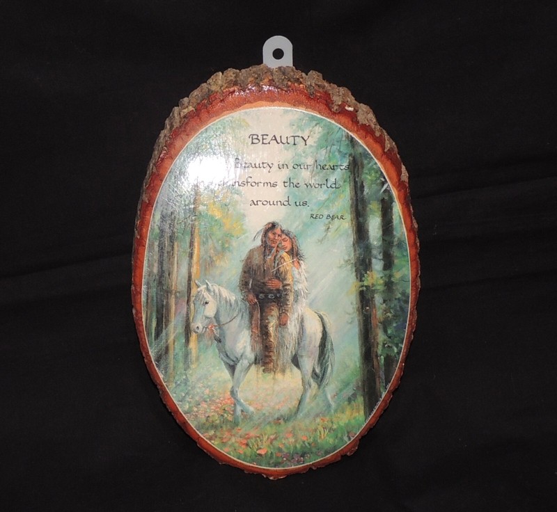 Vintage Tree Bark Plaque Title “Beauty” Native American Couple on Horse