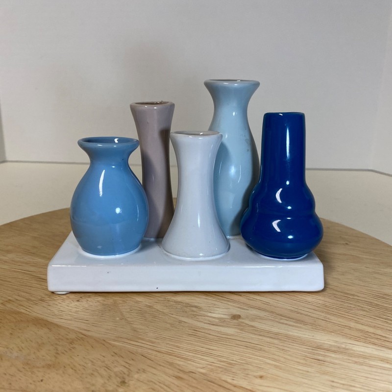 Vintage Chive Pooley 5 Vase Pink Blue Ceramic Bud Vase on White Ceramic Base