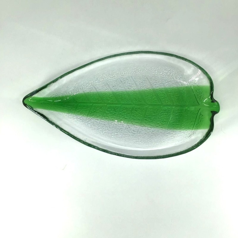 Green Leaf Shaped Thick Glass Serving Trays Plates or Trinket Dishes Set of 2 gallery