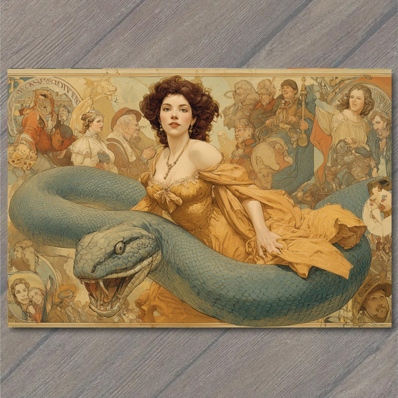 Art Print Woman Yellow Dress Giant Blue Snake Historic Figures Swirl Motion