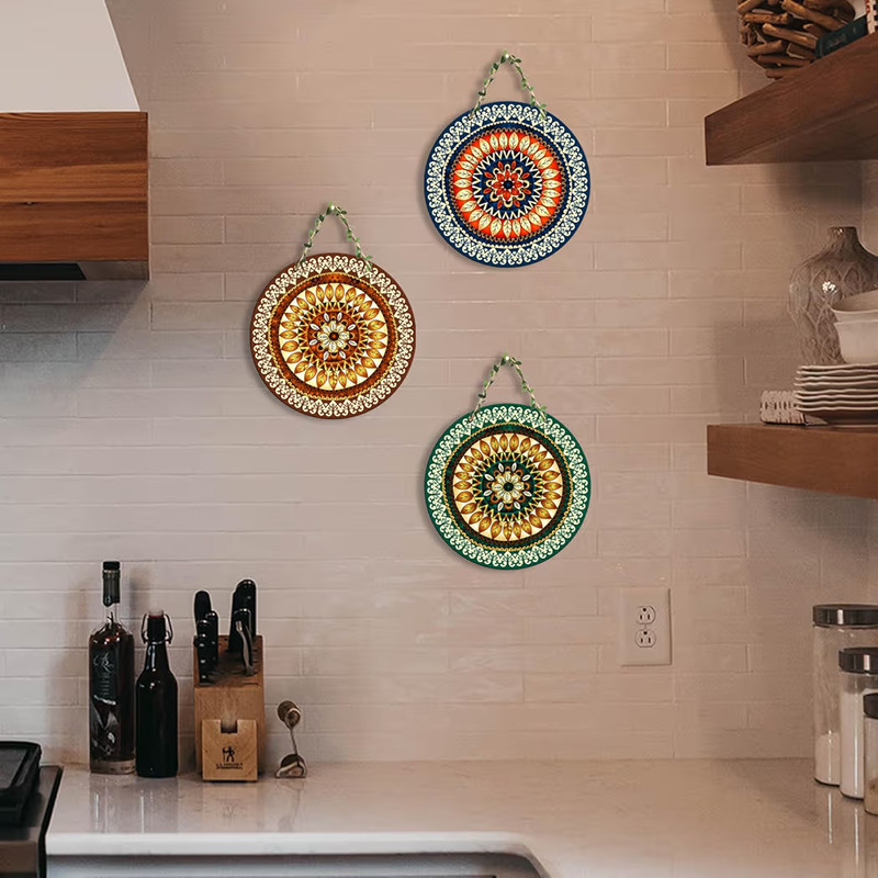 3Pc Round Wooden Wall Hanging Plaque Set Leaf Mandala Boho Art Medallion Decor gallery