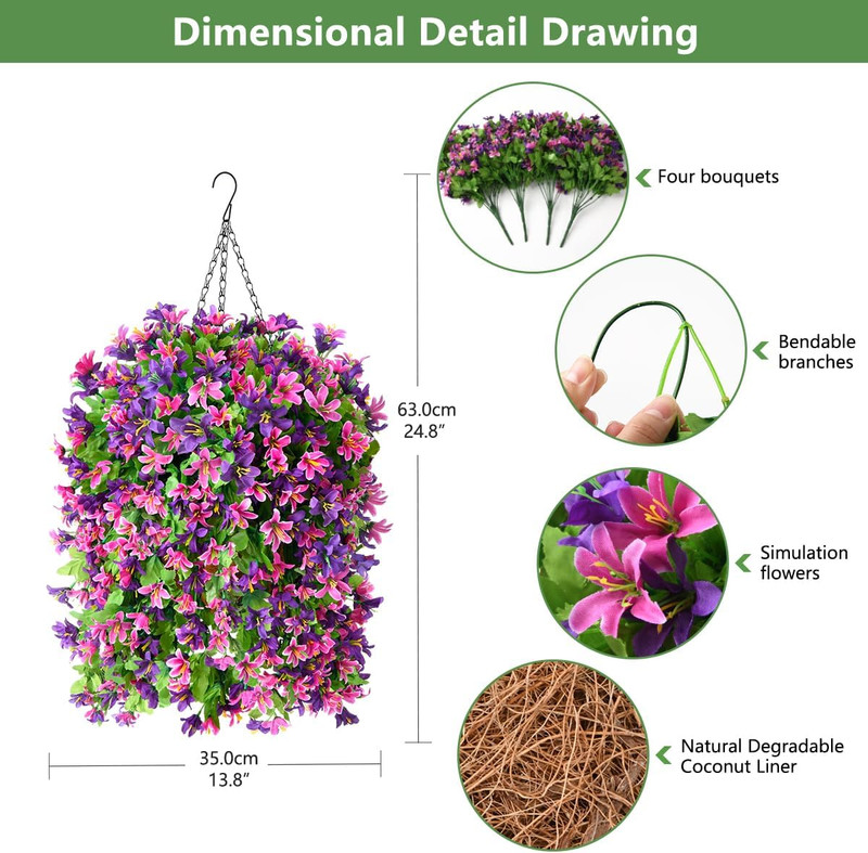 Artificial Hanging Flowers Decoration, 4pcs Fake Floral Basket Plants for Outdoo gallery