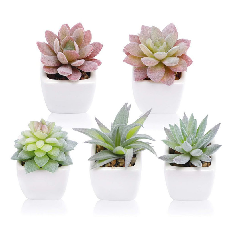 5 Pack of 3 In. Green Indoor Artificial Succulent Plants in White Ceramic Pots f gallery