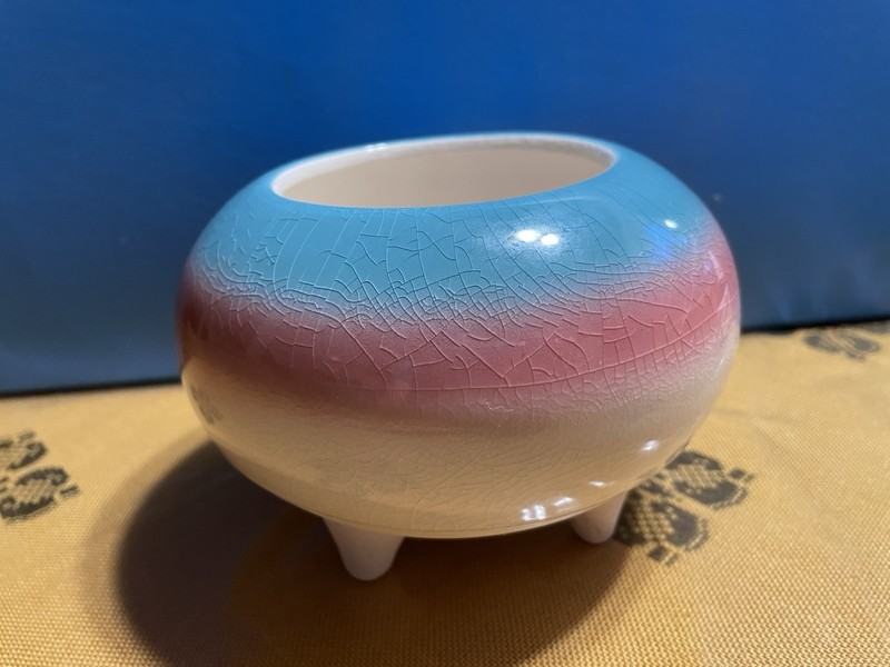 Anthropologie Planter Vase Footed Aqua/Pink Pastel Crackle Glaze Matte Boho