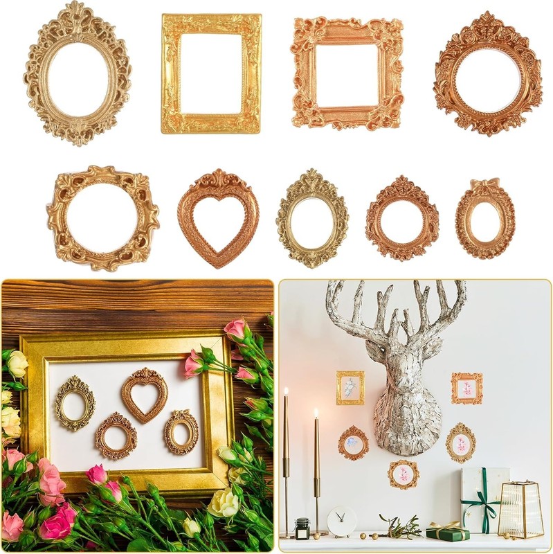 9PCS Mini Gold Frames, Small Gold Picture Frames, Oval Rectangle Antique Resin gallery