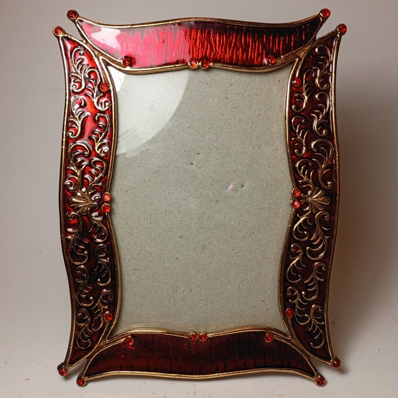 Photo Picture Frame Red and Gold Enamel Rhinestones 6”x4.5”