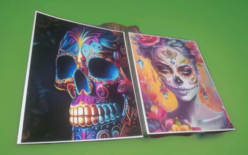 2 Gothic Macabre Art Prints 8.5×11″ Trippy Skull & Cat Eyed Sugar Skull Beauty