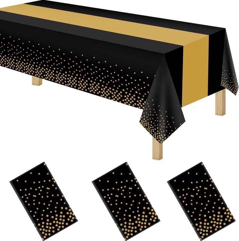 3 Pack 2in1 Disposable Plastic Tablecloths 54″ x 108″ Black and Gold Dot Kitchen
