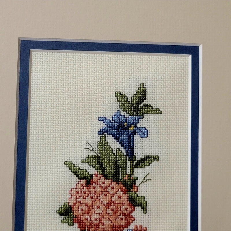 2 Cross Stitch Wall Art Spring Flowers Vintage Matted Wood Frames Glass gallery