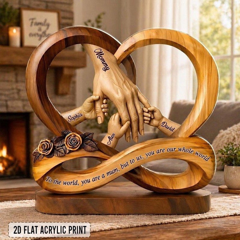 Personalized Faux Wood Mom Holds Kids’ Hands Infinity Acrylic Block